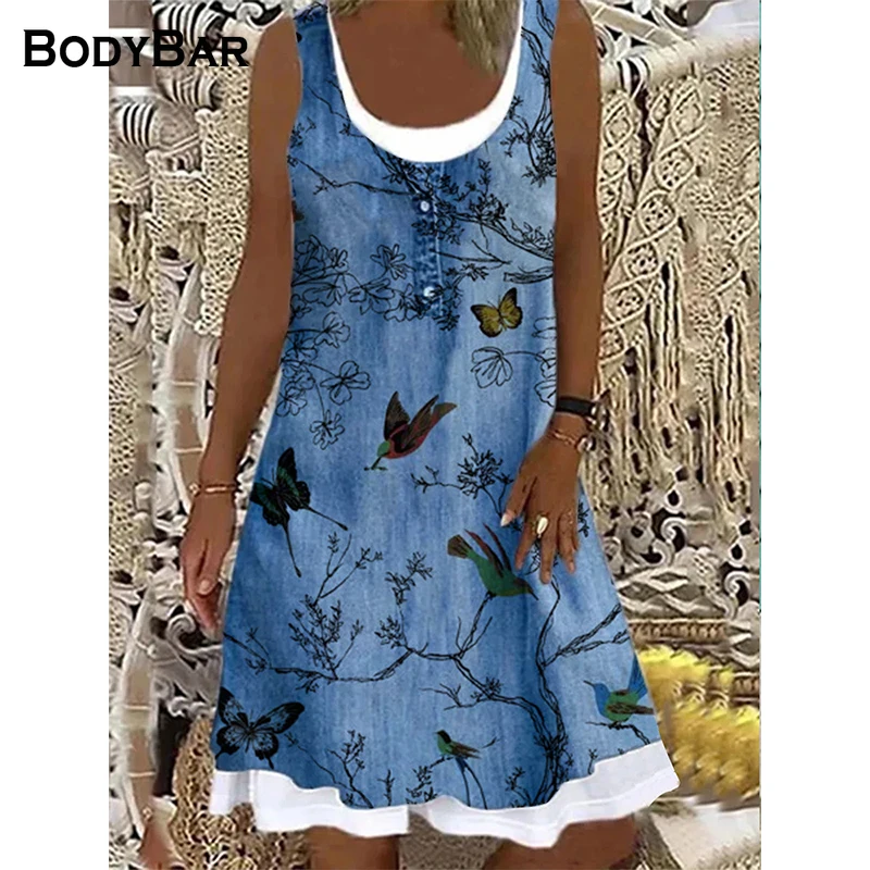 

Butterfly Print Denim Blue Mini Dress 2021 Sleeveless Casual Button Dresses Female Oversize Fashion Streetwear Harajuku Vestido