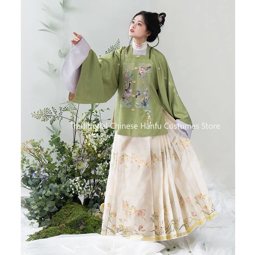 

TongGuan Ming Dynasty Square Collar Wild Goose Imitation Makeup Flower Hanfu Jacket Horse Face Skirt For Women Chinese Dresses