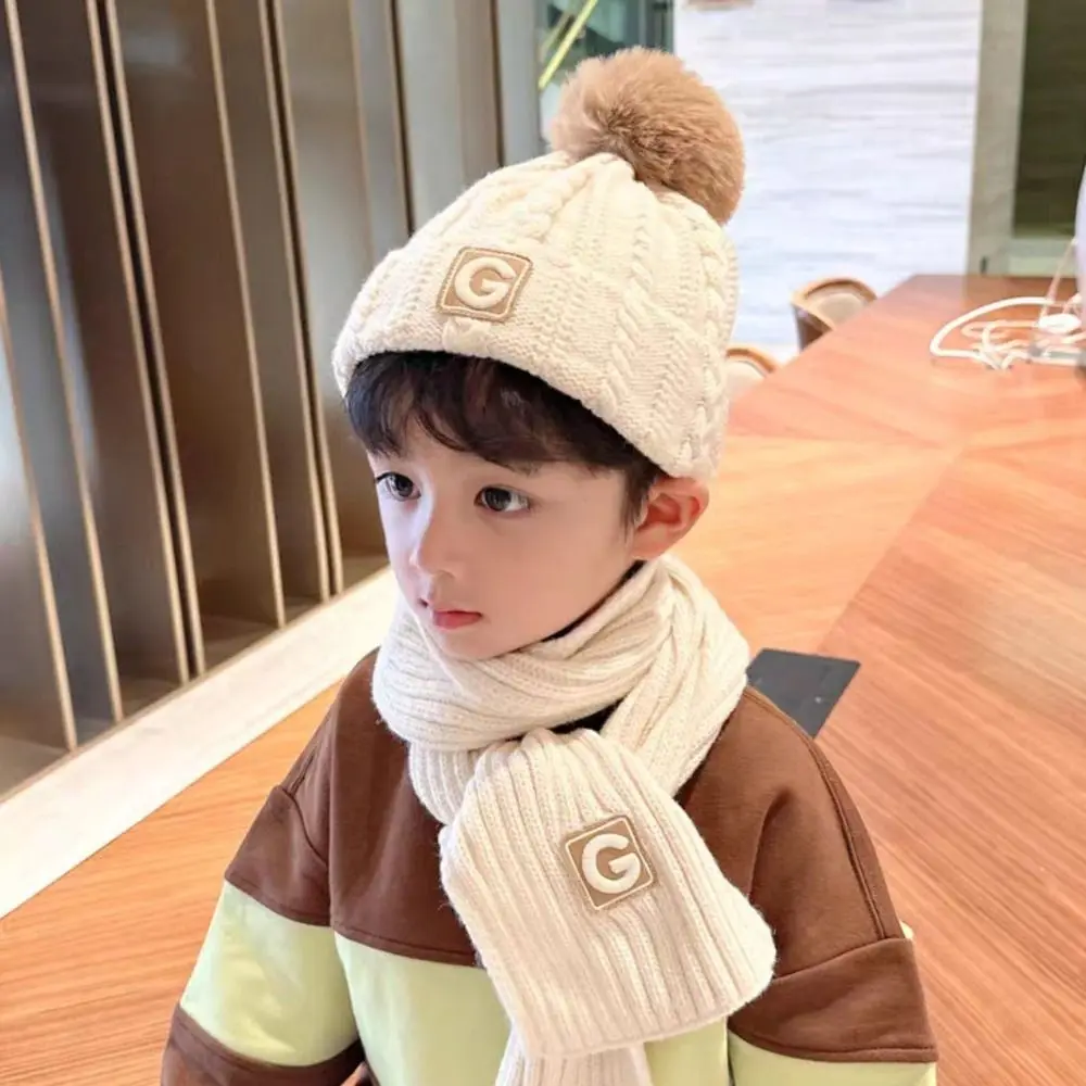 

Thicken Children's Hat with Scarf Neck Warmer Plush Ball Kids Crochet Hat Solid Color Korean Style Baby Ear Protection Hat Girls
