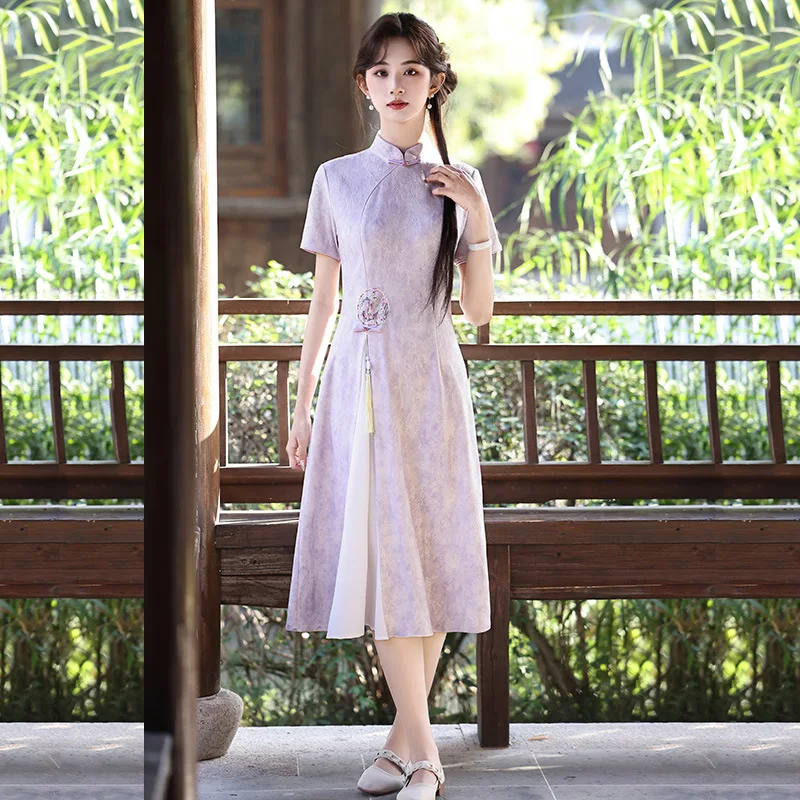 

Spring Summer Retro Split Aodai Cheongsam Elegant Women's Slimming Short Sleeve A-Line Chinese Style Qipao