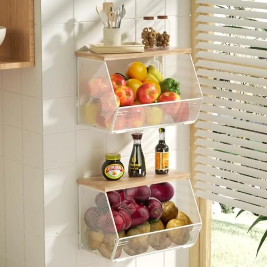

2 Tier Fruit Basket for Kitchen Counter, Stackable Onion and Potato Storage Basket, Wall Mounted Wire Basket with Wood Lid, Han
