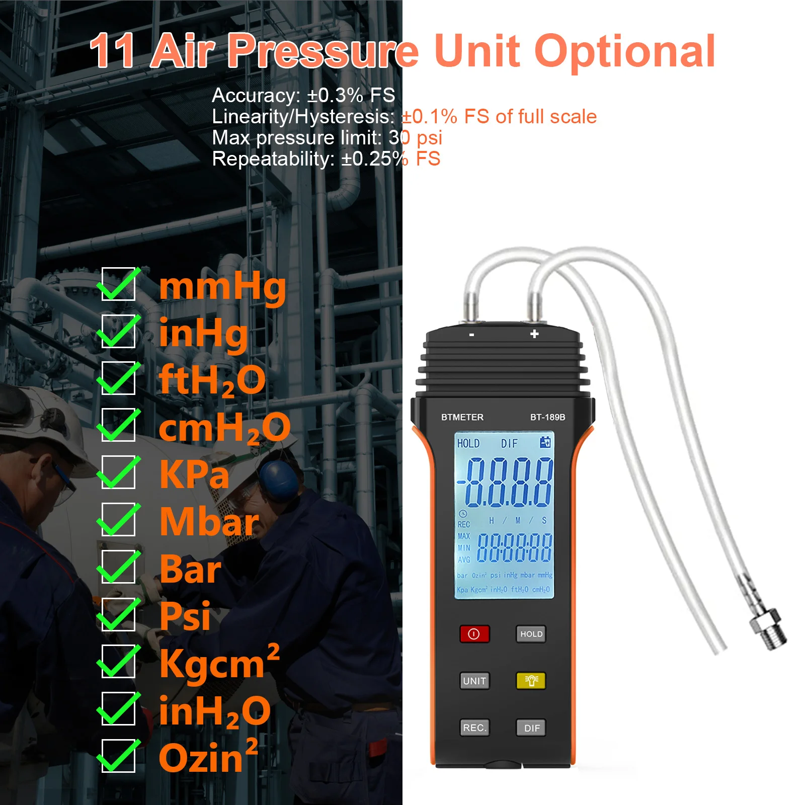 Digital Differential Pressure Gauge Portable HVAC Manometer Air Gas Pressure Tester 11 Units ±2.109kg/cm² High Precision DIF