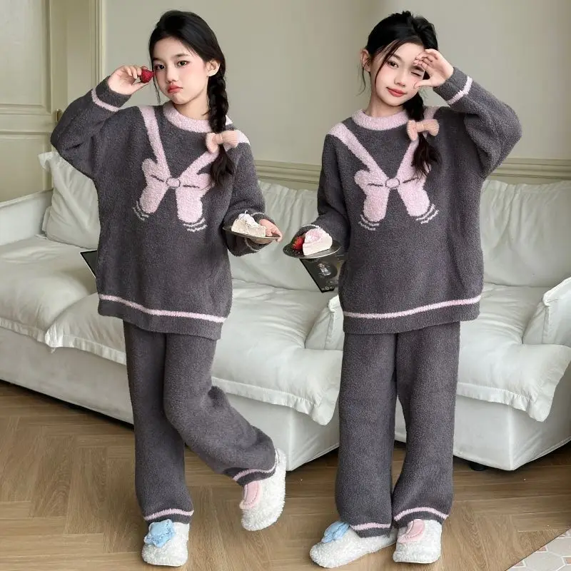 

Girls' Flannel Pajamas 2025 New Winter Kids' Thermal Fleece Home Wear Set Two Piece
