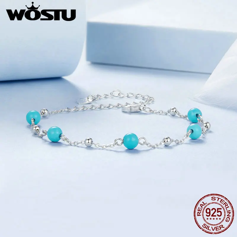 WOSTU 925 Sterling Silver Turquoise Bracelet For Women Party Dating Gift S925 Luxury Jewelry Blue Synthetic Turquoise 15+6cm