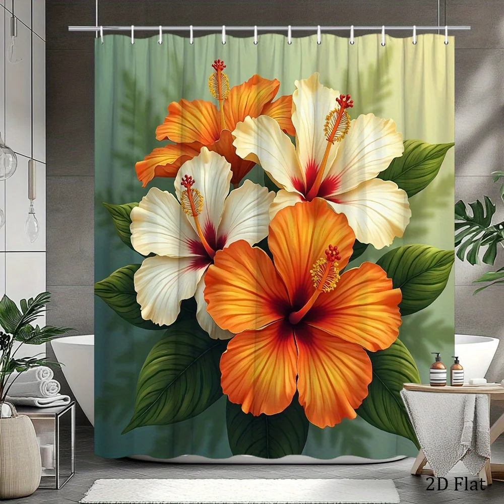 Waterproof Tropical Floral Shower Curtain Bathroom Decor Hibiscus Flower Print Luxury Spa Style Curtains for Master Bath
