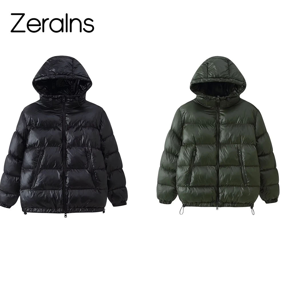 

ZERAINS Winter new European and American style loose casual fashionable shiny hooded zipper pocket bread cotton jacket