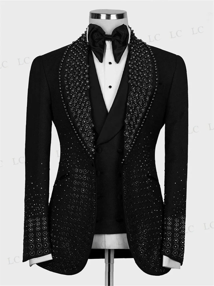 Luxury High Fashion Men Suits 2 Pieces Blazer Pants One Button Beadings Diamonds Party Tuxedo Wedding Groom Plus Size Tailored