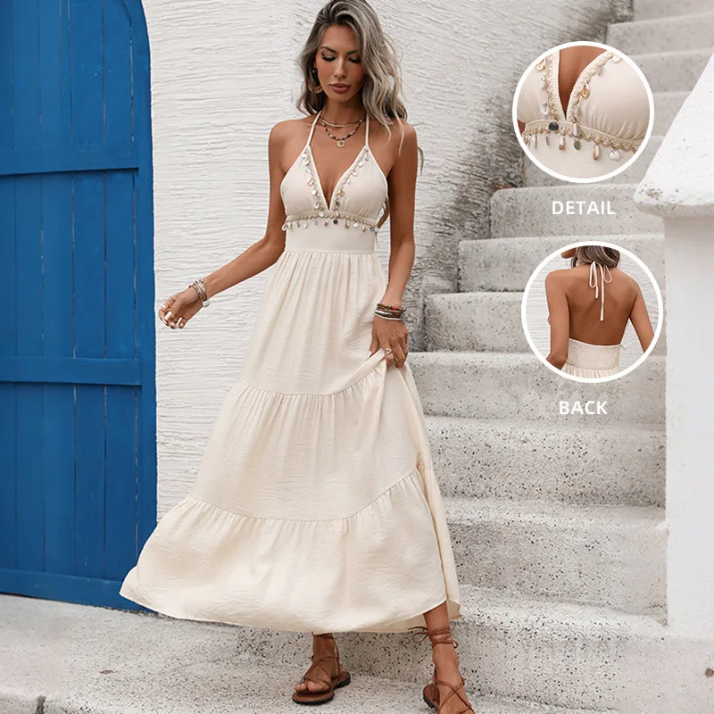 

Women Dresses Solid Dress Shell Tassel Neck Mounted Backless V Neck Sleeveless Ankle Length Empire Waist 2026 Spring Summer
