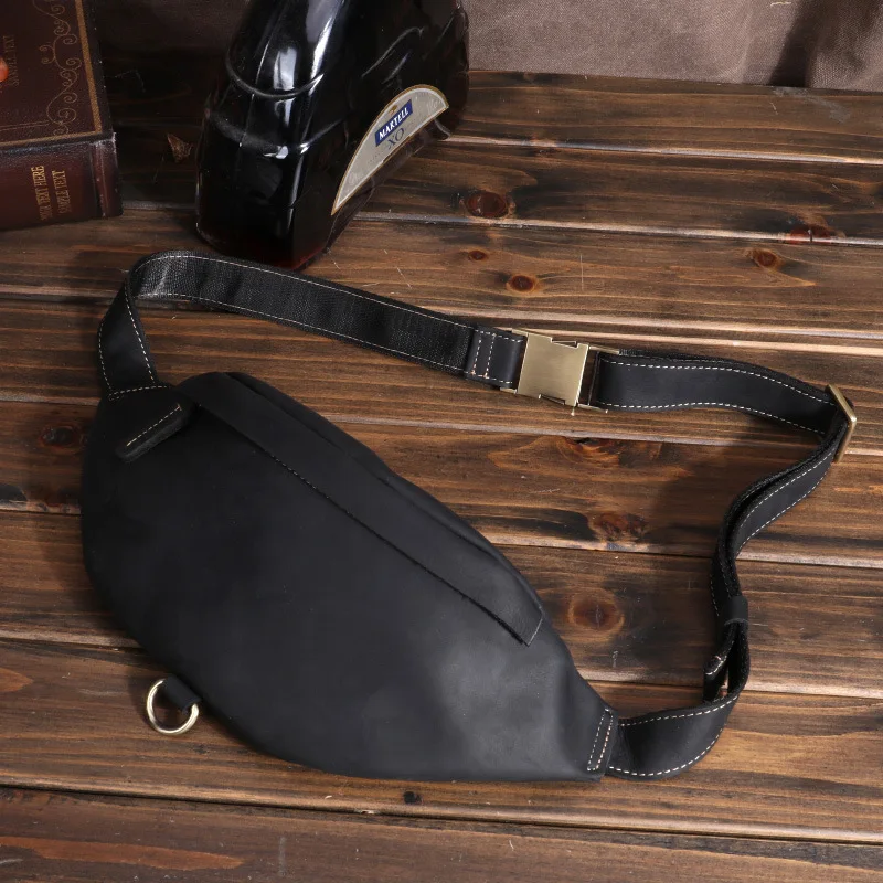 Leather Men's Sports Waist Pack Head Layer Cowhide Multi-functional Mobile Phone Waist Pack Crazy Horse Leather Men's Bag Retro