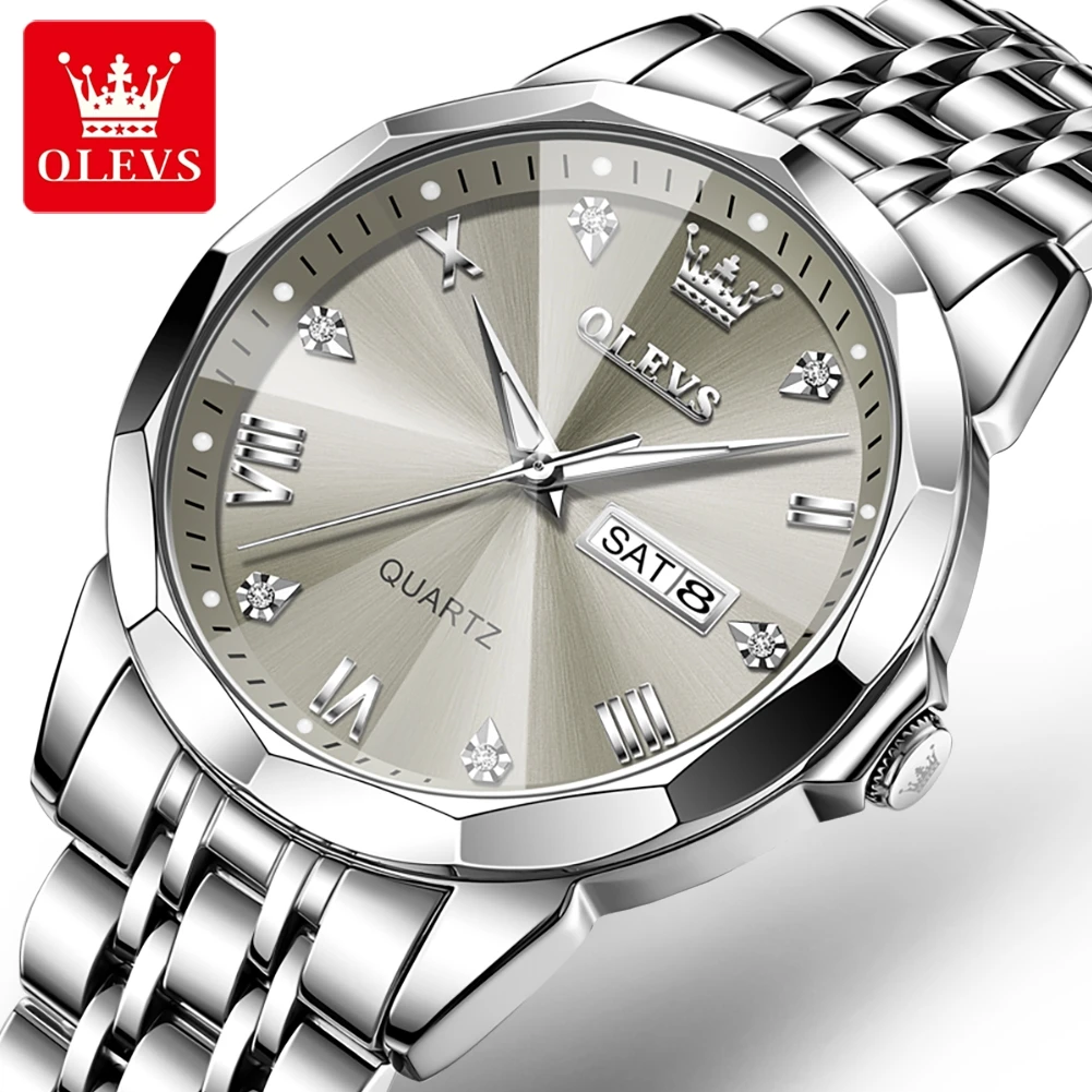 OLEVS 9931 Classic Rhombus Waterproof Quartz Men's Watch for Casual Business Dating Week Diamond Dial Stainless Steel Men Watch