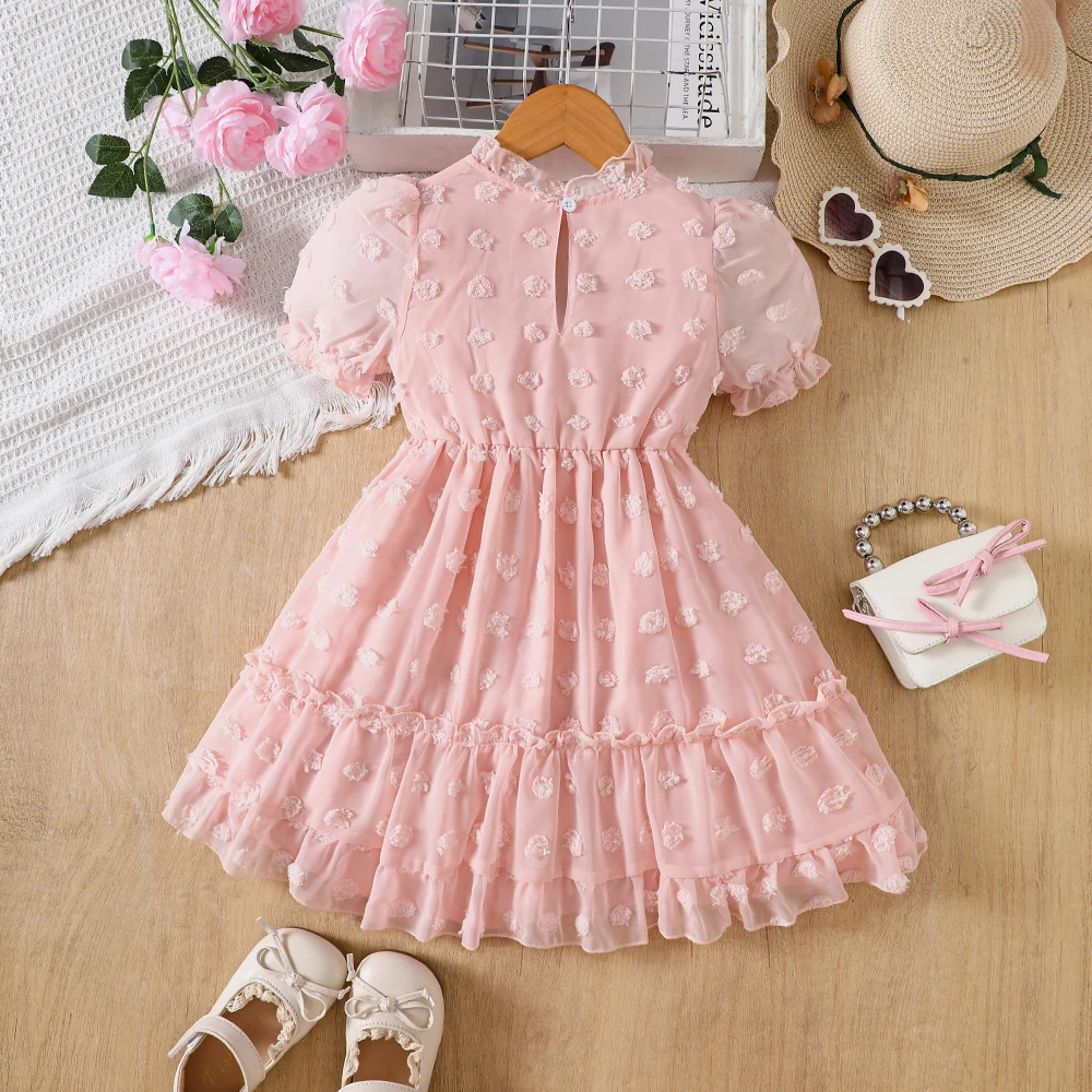 Girls' summer dress with puffed sleeves, small pom-pom, floral pattern, bowknot, lace collar, elegant style