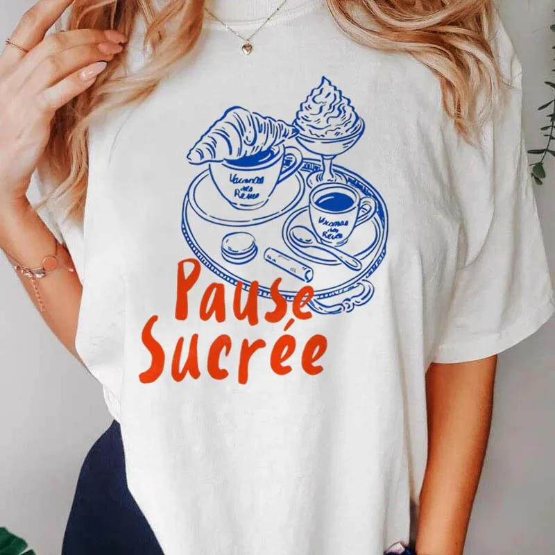 Bicycle Printed Pattern T-Shirt Short Sleeved White Top Round Neck Casual Women's Basic Clothing Popular Street Summer T-Shirt