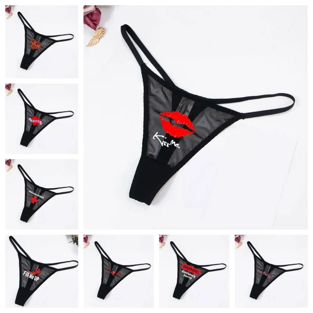 Tanga de malla Sexy de Color sólido transparente con estampado de letras, calzoncillos sexis con cuerdas G, ropa interior con espalda en T de cintura baja