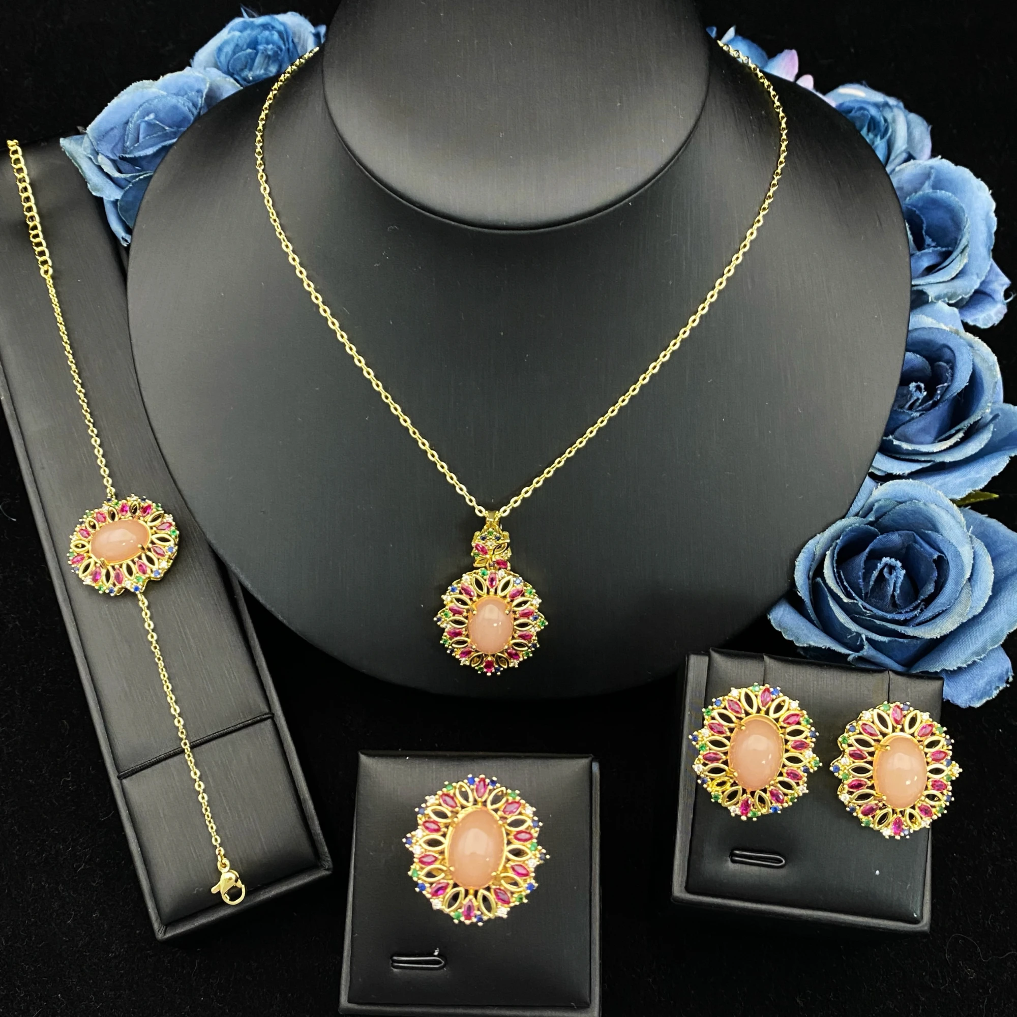 

Позолоченный медный комплект украшений Falair с цирконами: браслет, кольцо, ожерелье, серьги для повседневного ношения, модный женский набор