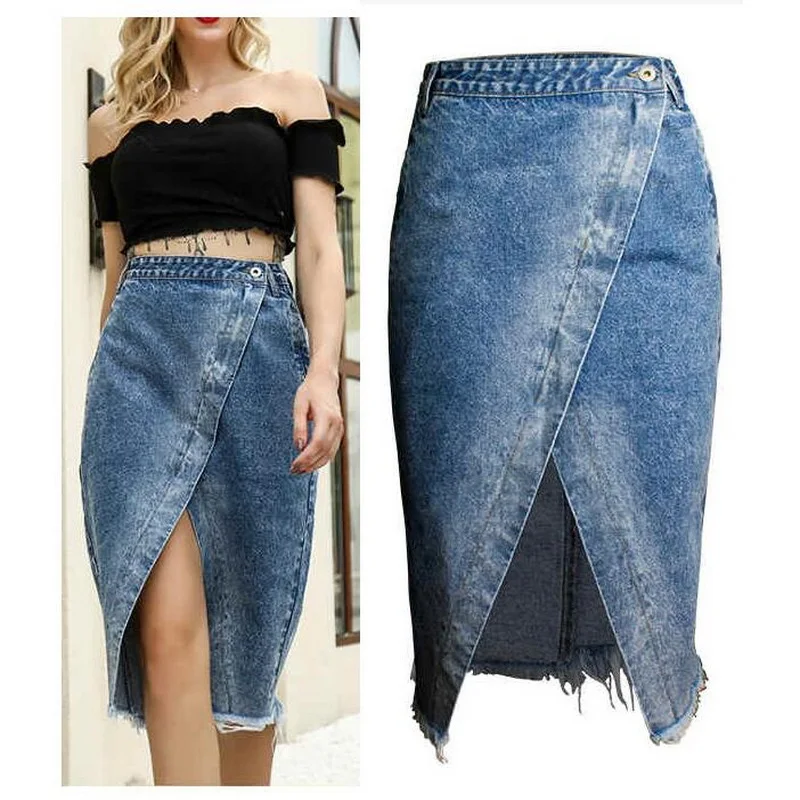 Women's Denim Skirt with Burr Edge, Tight Jean Skirt, Irregular Tassel, High Waisted, Medium Length Skirts