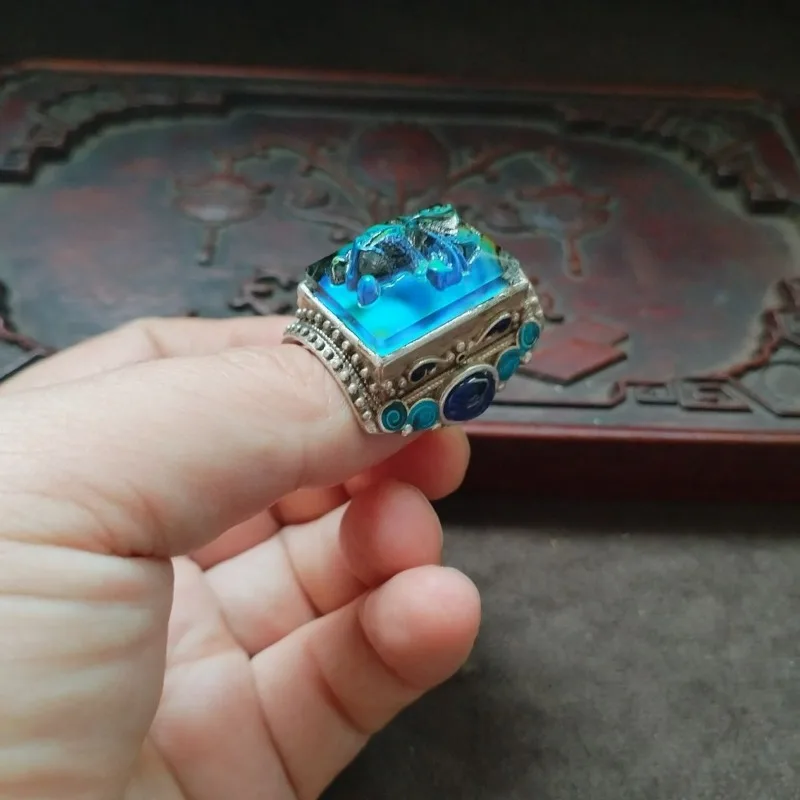 Vintage Antique Goldfish Ring with Old Patina, Inlaid Color Changing Gemstone Adjustable Open Band Collectible Jewelry