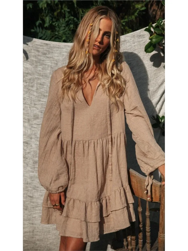 Spring Summer Loose Solid Women\'s Dress New Fashion V Neck Long Sleeve Beach Party Dresses Female Holiday For Women Robe Femme