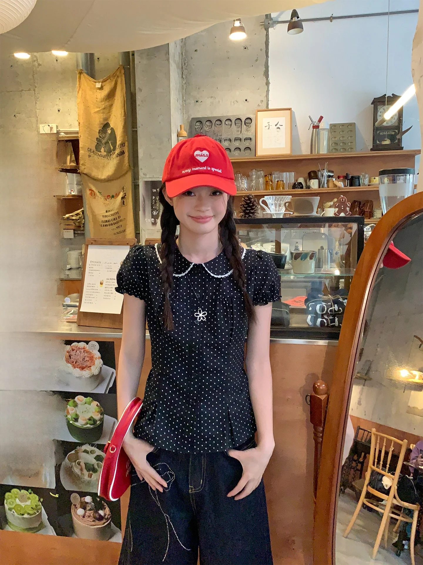 

Черная блузка в горошек с воротником-стойкой и утянутой талией, с коротким рукавом, женская, летняя, в корейском стиле, в студенческом стиле, Song Zhengen