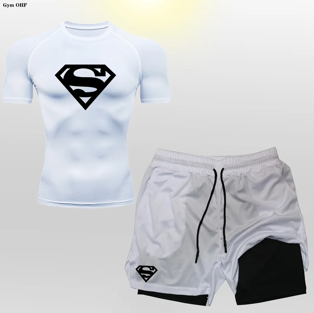 Super/Hero Men's Compression Shirts 2 in 1 Shorts Set Man Sportswear Fitness Gym Workout Rash Guard Kits Quick Dry Shirt Shorts