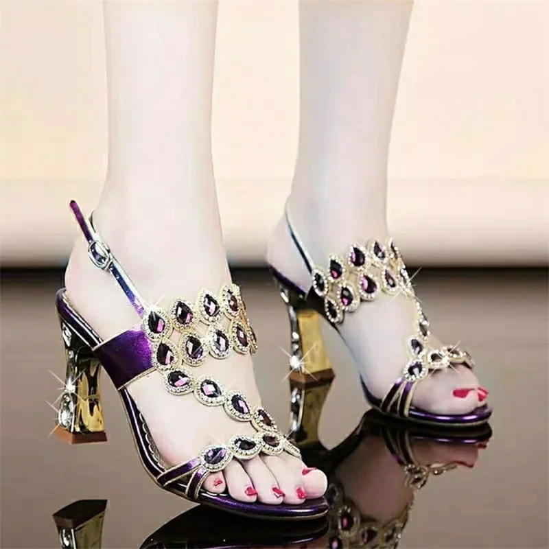 High Heels Temperament Diamond Sandals Summer Woman Party Shoes Fashion Brick Crystal Thick Heel Square Heel Sandals