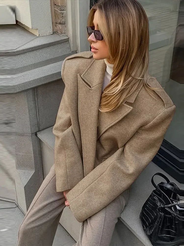 ソリッドウール混紡ラペルカラーブレザー レディース ドロップショルダー オーバーサイズ 2025 秋 シック ショートコート ファッション エレガント オフィスレディージャケット