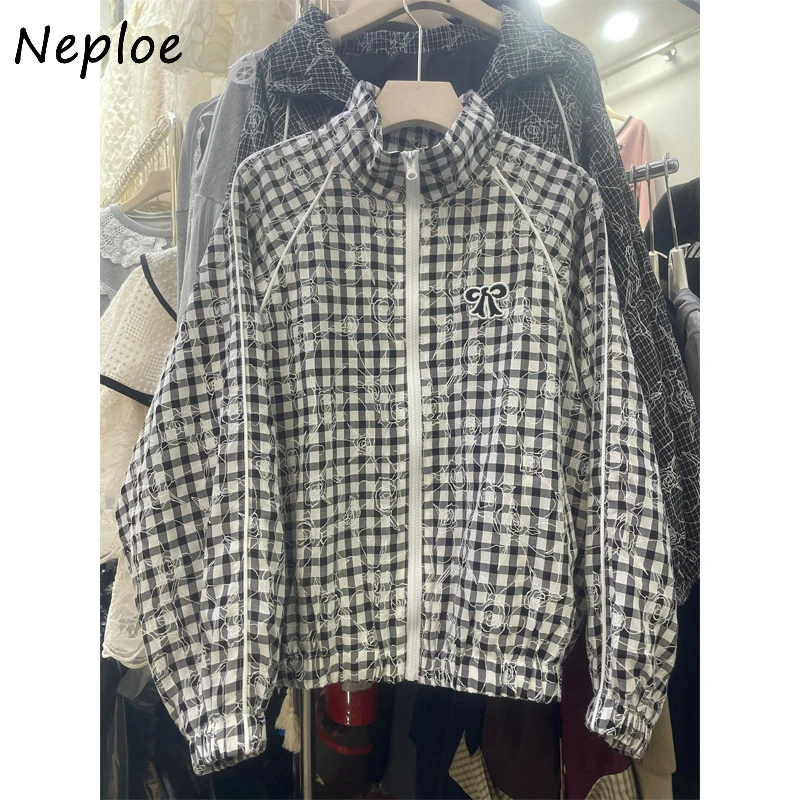 Neploe Korea Minority  Fairycore Loose Bow All-match Veste Femme Plaid Stand Collar Casual Chaqueta Embroidery Exquisite Coat