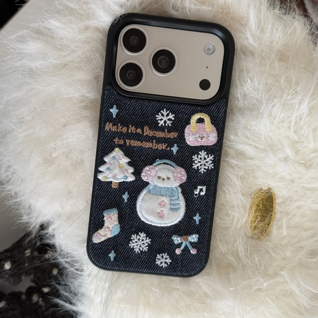 Denim fabric Embroidered Christmas tree Snowman Phone Protection Case For iPhone 17 Pro 16 15 14 13 Pro Max Cover