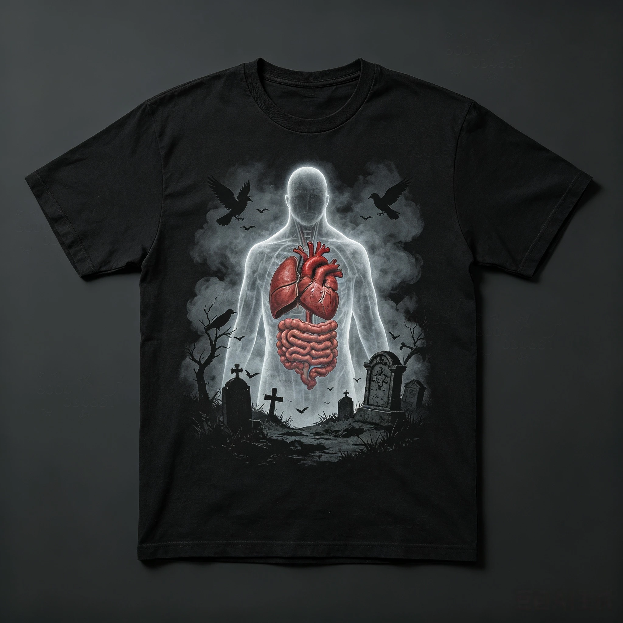 Ghost Human Anatomy Internal Organs T-ShirtGothicCemeteryCrowTombstone GraphicTee Halloween Unisex Streetwear Black Short Sleeve