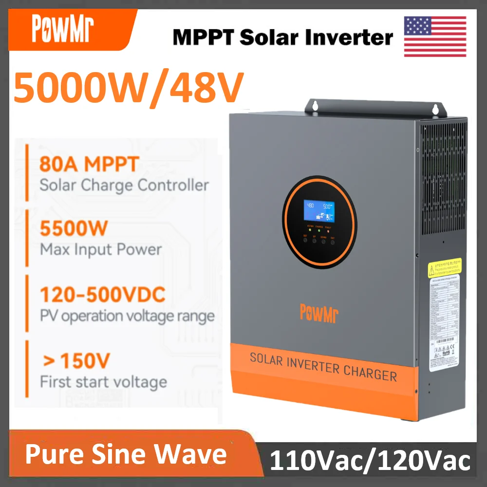 

Гибридный инвертор PowMr 5000W с аккумулятором 48В на 110В, встроенный контроллер заряда MPPT 80А, максимальное напряжение PV 500В, автономный инвертор с чистой синусоидой.