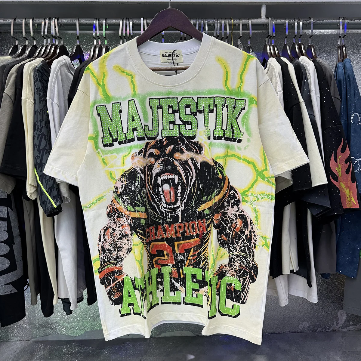 Retro American STIK Dog Washed Cotton round Neck Short Sleeve T-Shirt Men's Fashion High Street Style Printed Unisex Top