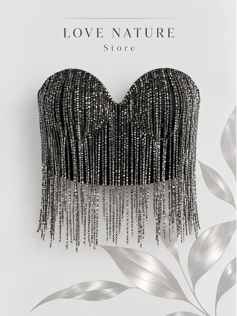 【LOVE NATURE Store】Women’s Black Rhinestone Fringe Strapless Corset Bustier Top