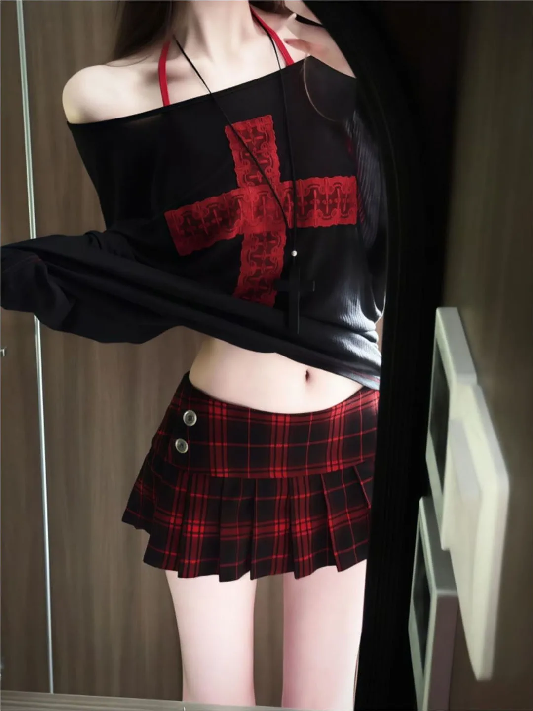 

Retro Hong Kong Sle Cross Print Long Sve T-irt Women's Sweet Spicy Loose Lightweight Semi-Transparent Spring Summer Ca...