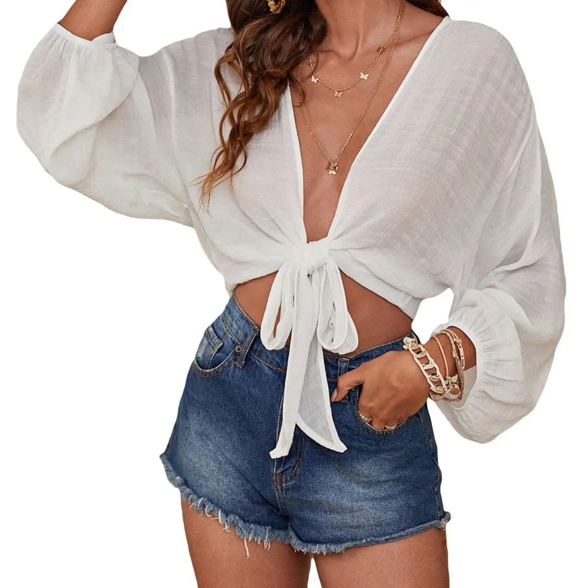 

Trendy Pure Color Bikini Beach irt Women's Long Sve Polyester Spring 2024 Faion Beach Cover up Ladies irt