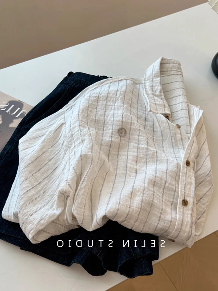 قميص نسائي صيفي فضفاض بأكمام طويلة للحماية من الشمس، ملابس خارجية عصرية، قميص بياقة بولو مخطط مع تفاصيل أزرار، مقاس عادي #1