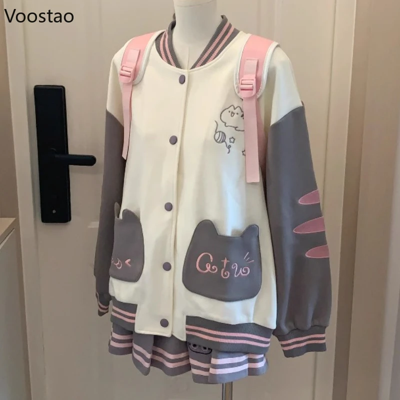 

Autumn Sweet Lolita Style Skirt Set Women Kawaii Cartoon Cat Embroidery Baseball Jacket Mini Pleated Skirt Suit Y2k Cute Outfits