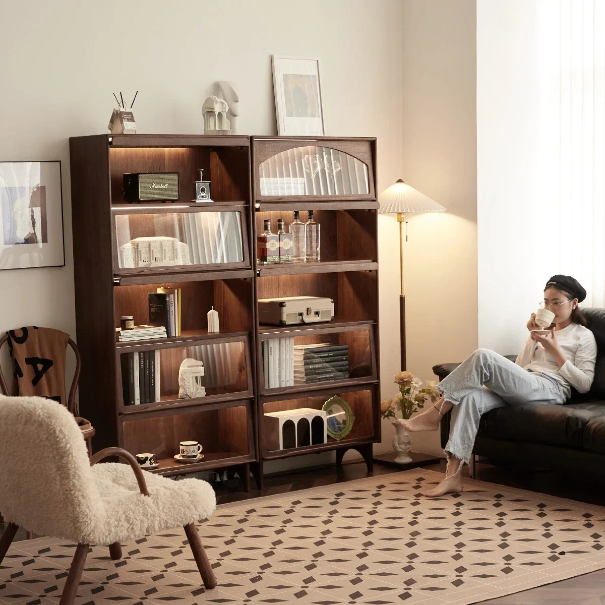 Retro black walnut solid wood bookcase, living room dust-proof glass figure display cabinet, storage cabinet