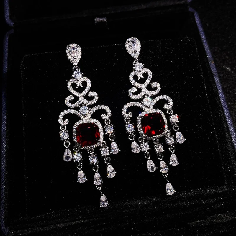 Luxurious Diamond-Studded Bohemian Earrings, Regal vintage Fringed Pigeon-Blood Ruby Earrings, Wedding and Banquet Earrings