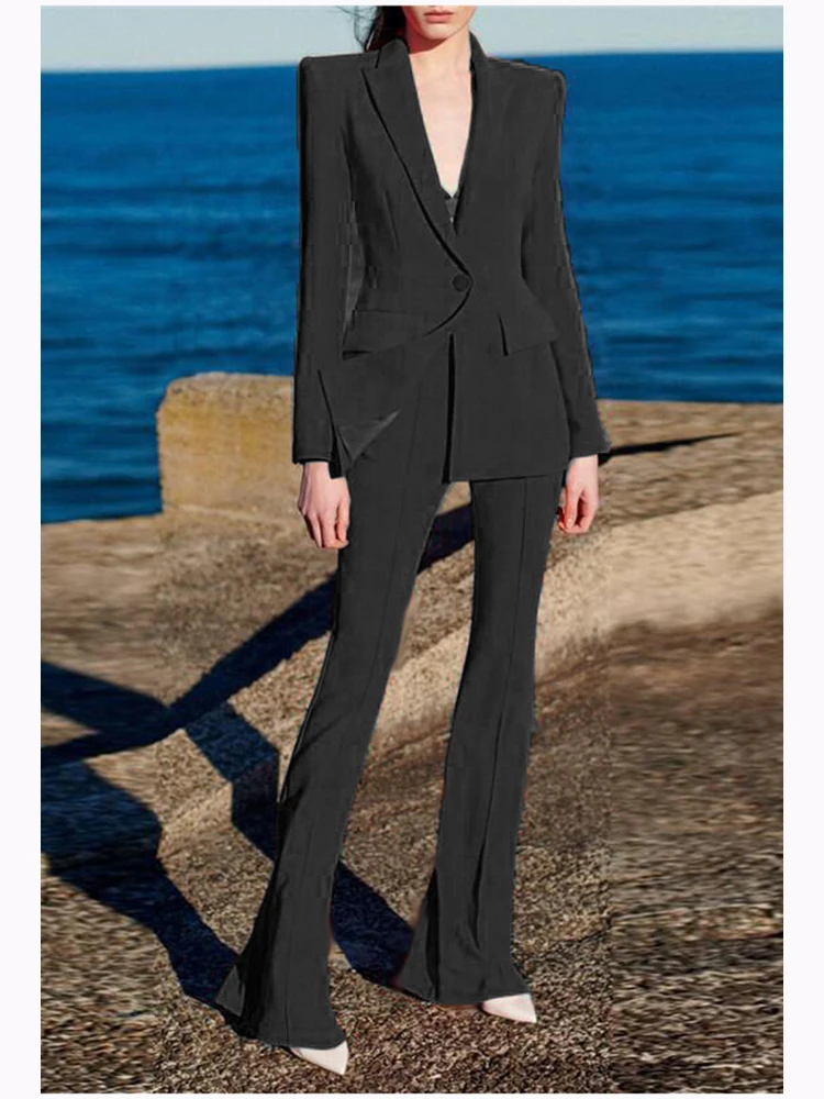 HIGH QUALITY Newest 2024 Runway Designer Suit Set Women's Career Fashion Single Button Blazer Flare Pants Suit