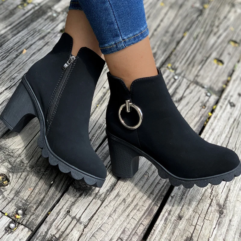 Woman Ankle Boots Spring Autumn Pointed Toe Low Heel Single Boots Black Heeled Suede Thick Heel Black Short Boots Big Size 42