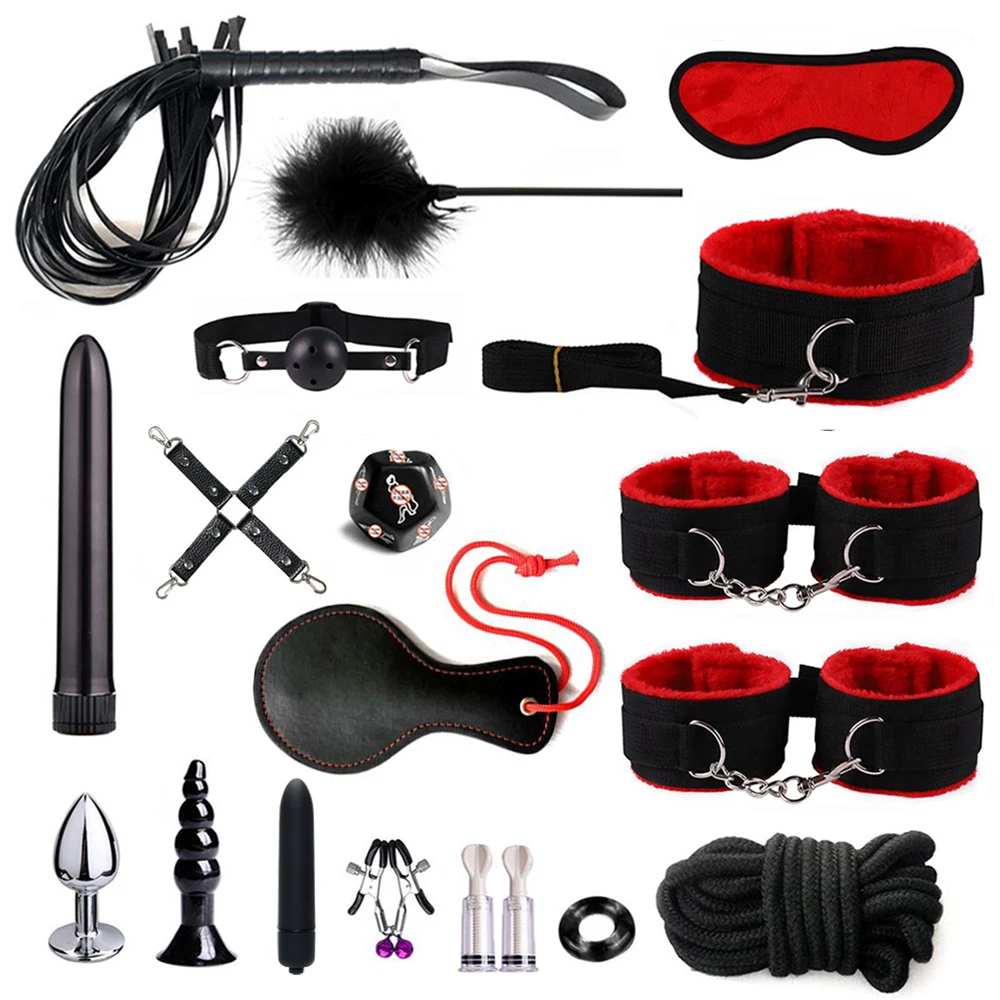 S&M Fetish BDSM Bondage Erotic Toy Restraint Set Sex Toys For Women Handcuffs Whip Anal Plug Binding Vibrator Couple Sex Tool