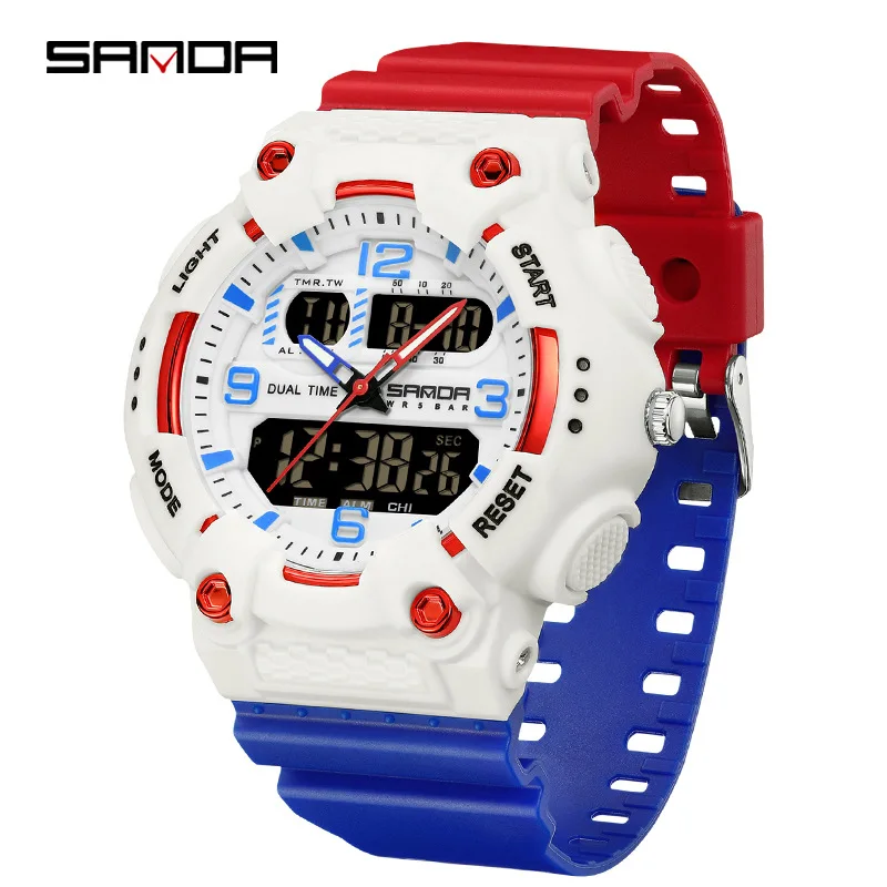 

SANDA 6181 Fashion Men's Dual Display Electronic Watch Luminous 50M Waterproof Multifunctional Student Digital Watches for Men