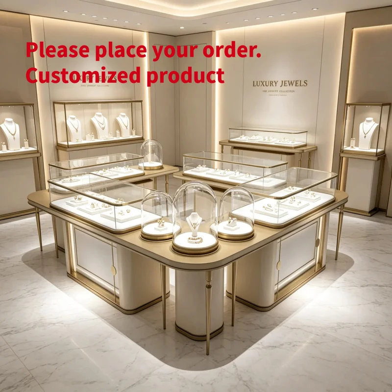 custom.Luxury Jewelry Store Island Display Counter Set, Gold Metal Frame Illuminated White Top Glass Dome Showcase High End