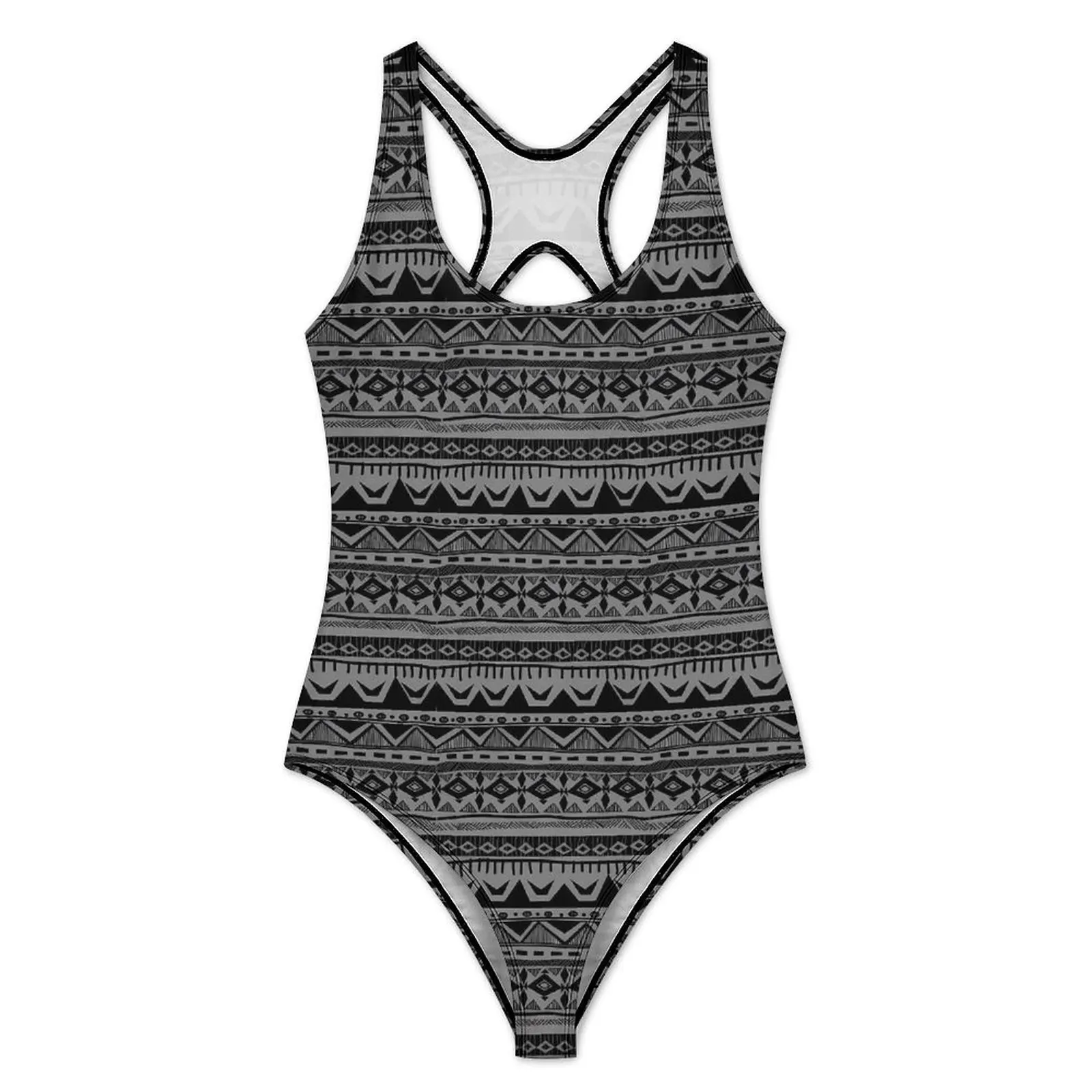 Tribal Print Swimsuit Black and Gray Swimwear One-Piece Rave Bodysuit Hollow Out Bathing Suits Woman Push Up Sexy Beach Outfits