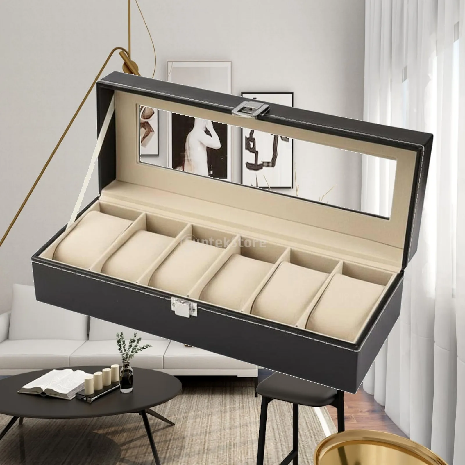 Premium Leather Watch Organizer Case 6 Compartment Glass Display Storage Box for Collection Keepsake Gift