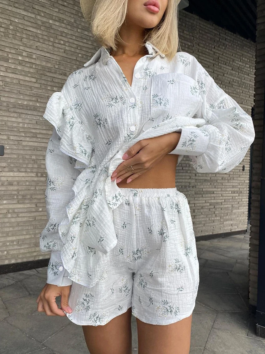 Marthaqiqi Causal Female Sleepwear Set Long Sleeve Pajamas Turn-Down Collar Nightwear Shorts Fashion Printing Women Nightie Suit