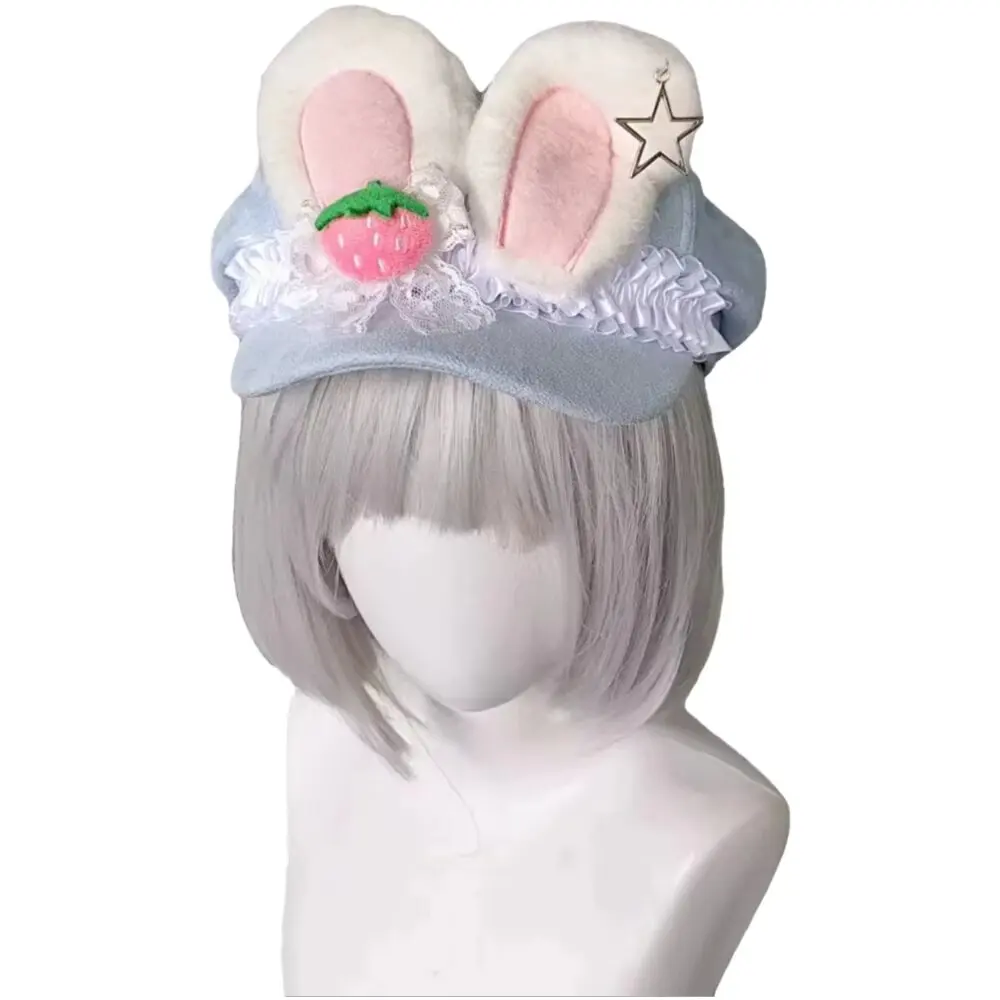 

Original Design Rabbit Ear Beret Sweet Strawberry & Star Pendant Hat Cute Octagonal Soft Plush Hat