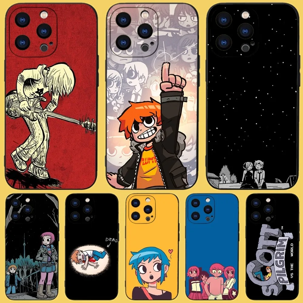 Cartoon Scott Pilgrim Phone Case For iPhone 15,14,13,12,11 Plus,Pro,Max,XR,XS,X,7,8 Plus,SE,Mini Black Silicone Soft