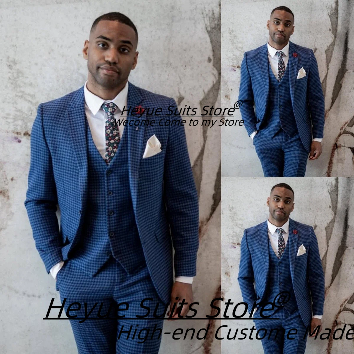 

Classic Blue Houndstooth Men Suits Customized Slim Notched Lapel Groom Wedding Tuxedos 3 Pcs Sets Male Prom Blazers Ropa Hombre