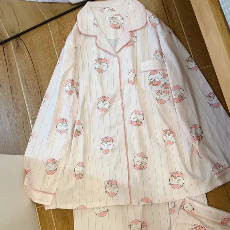 Cute Chiikawa Pajama Set Women's Long Sleeves Pant Nightwear Cartoon Hachiware Usagi Loungewear Casual Lapel Neck Sleepwear Soft