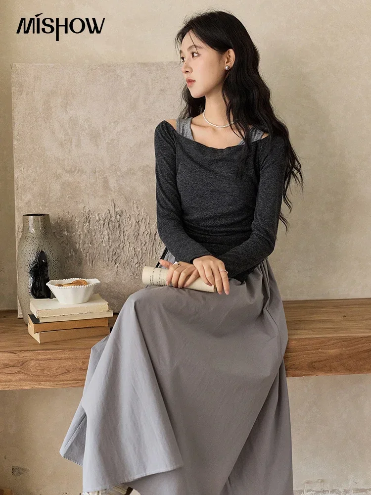 MISHOW Gentle Dress Sets Women 2024 Fall Temperament Design Thin Slash Neck Top Splicing Undershirt Skirt Two Sets MXD47T0407